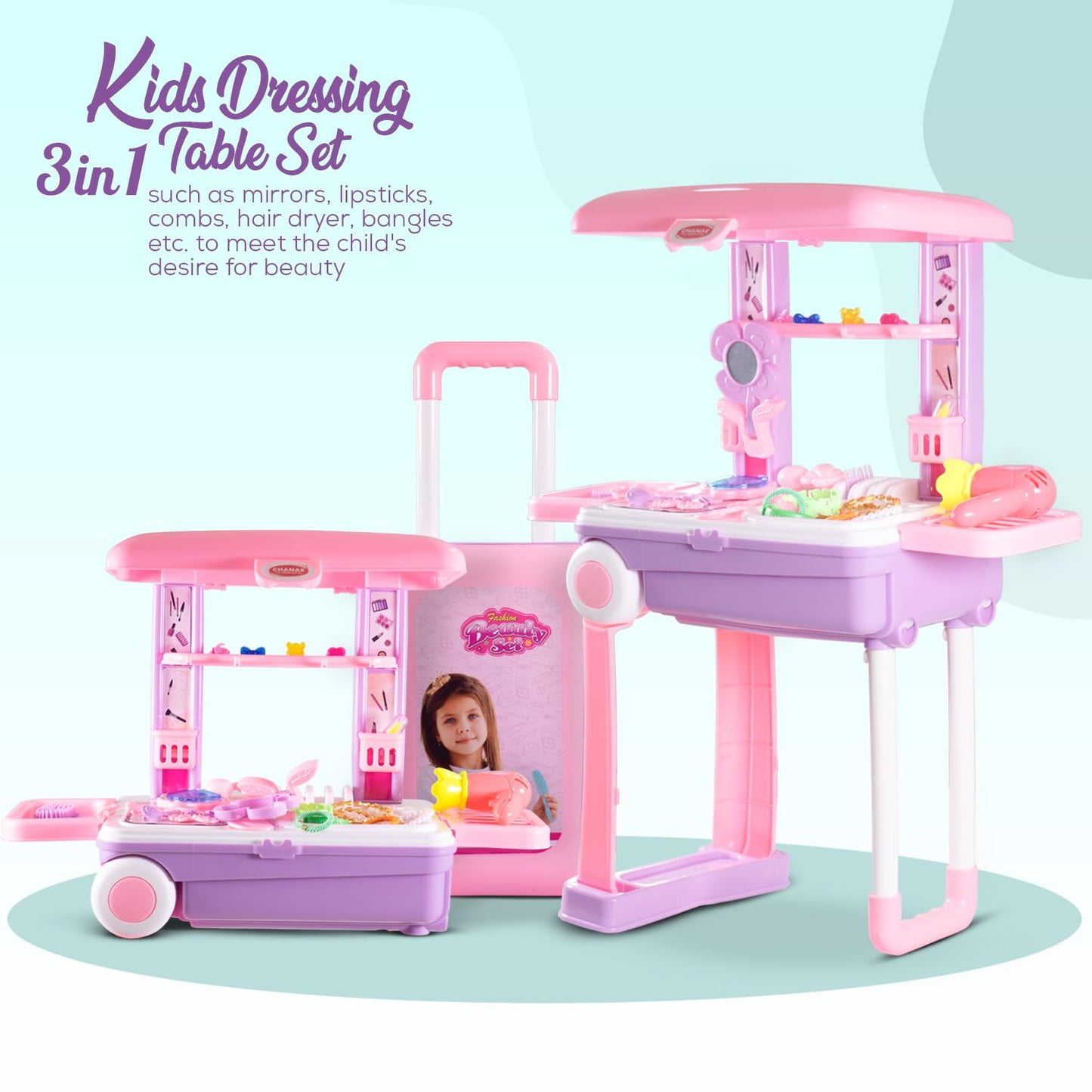Pretend Play Fashion 3 in 1 Beauty Makeup Kit with Dressing Table Set Toys for Kids Girls BAYBEE