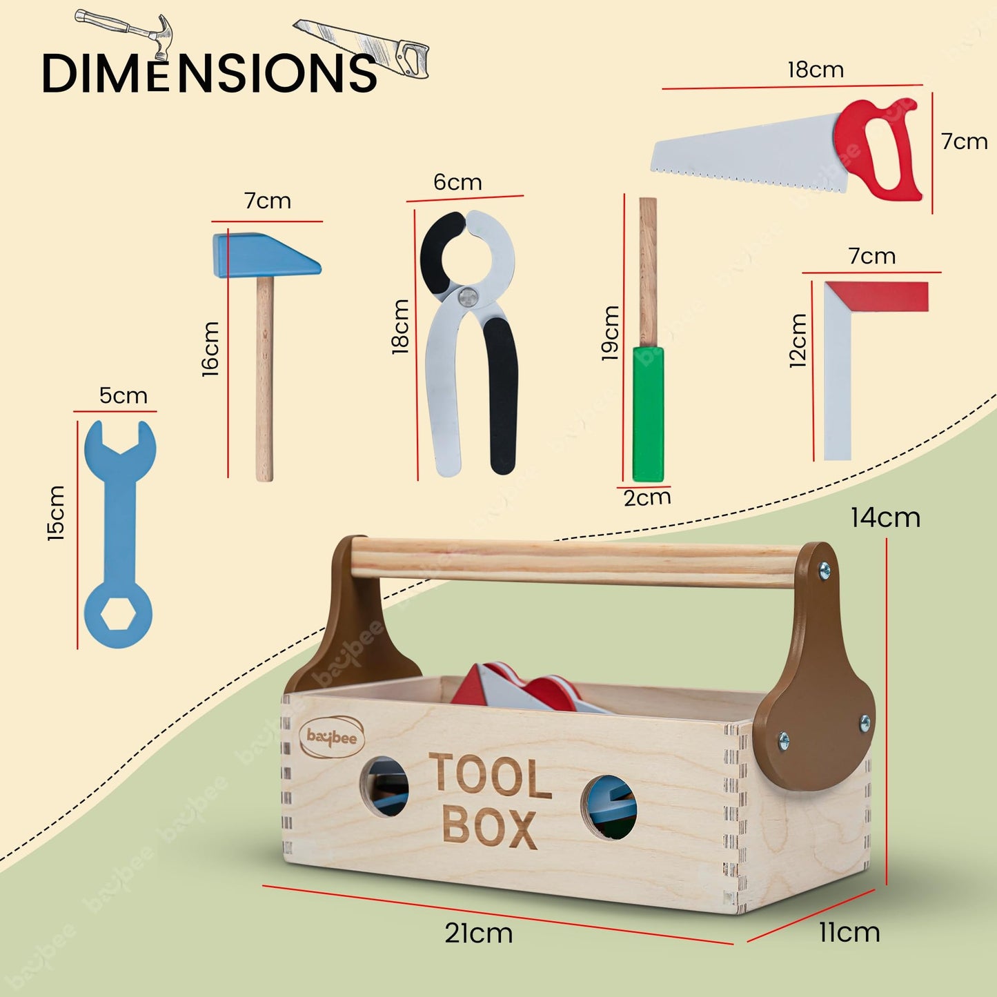 Baybee Wooden Toy Tool Kit Set for Kids | Mechanical Construction Toy Set DIY Educational Play Set | Carpenter Pretend Play Large Tool Kit for Kids | 6 Wooden Tools with Box Set for 3+ Years Baybee India