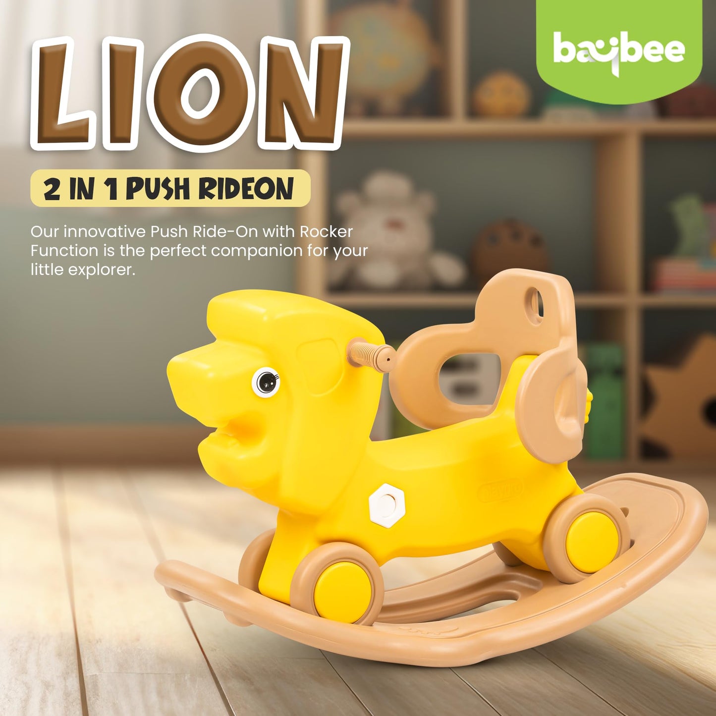 Baybee 2 in 1 Baby Horse Push Ride on Car with Rocker for Kids | Push Ride on Toy with Handle & Safety Guardrail, Baby Car Rocking Chair for Kids | Indoor Outdoor Play for 1 to 3 Year Boy Girl (Lion)