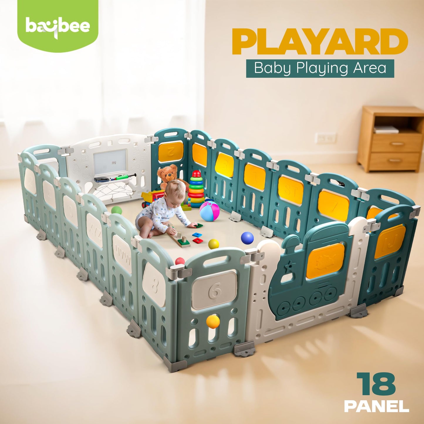 Baybee Train Kids Playpen for Babies Foldable Baby Play Area Indoor Setup with Safety Lock (18 Panels) BAYBEE