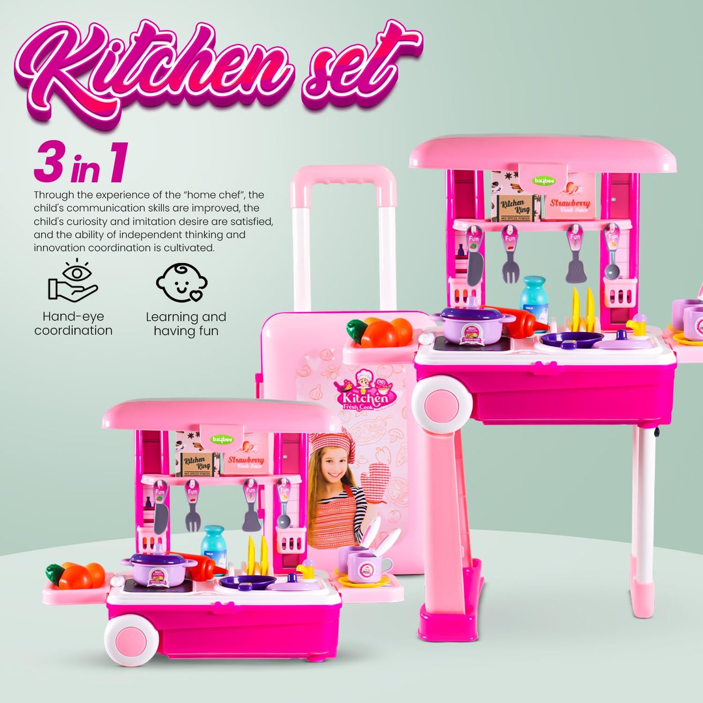 Kitchen King 2 in 1 Set for Kids, Portable Pretend Play Little Chef Set Toys BAYBEE
