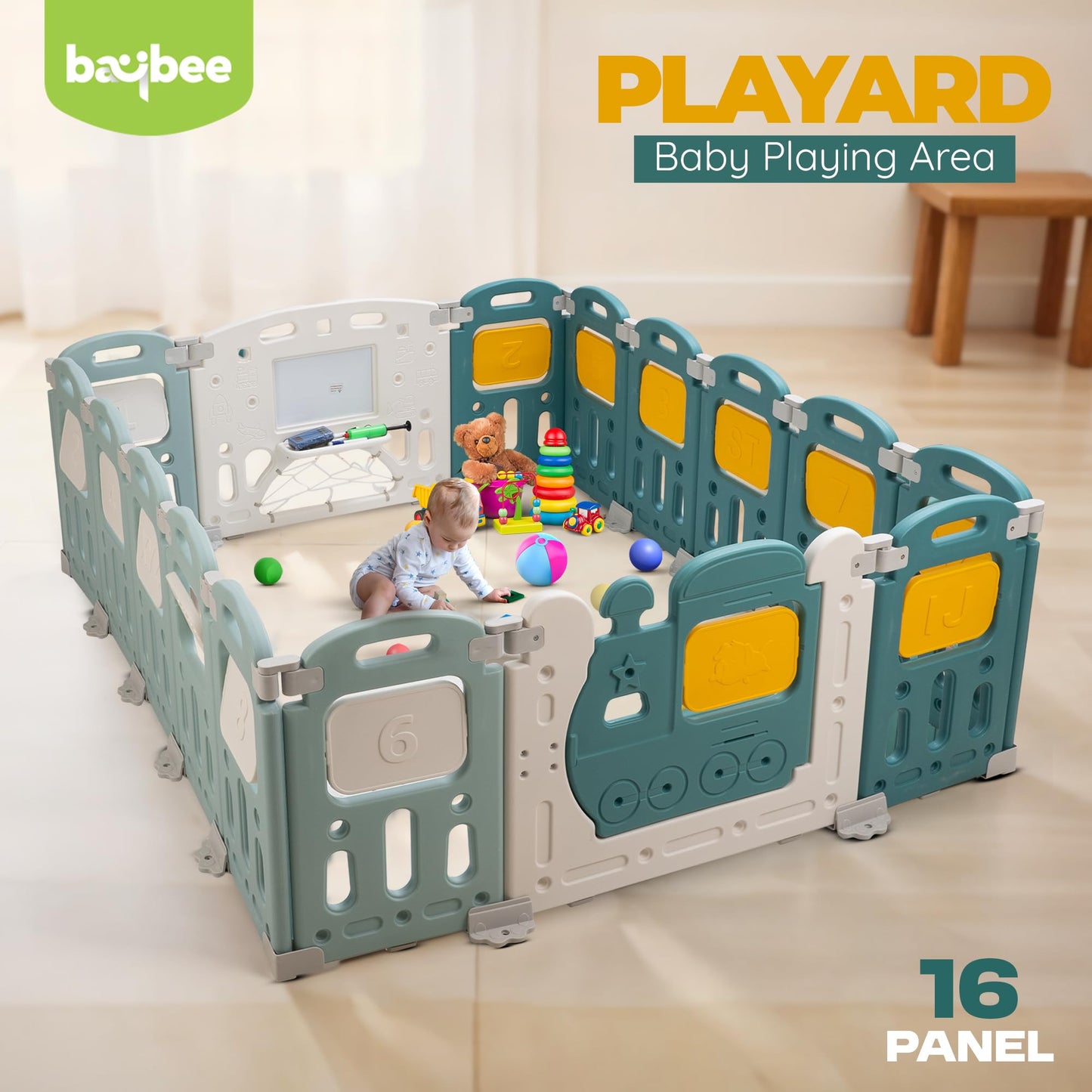 Baybee Train Kids Playpen for Babies Foldable Baby Play Area Indoor Setup with Safety Lock (16 Panels) BAYBEE