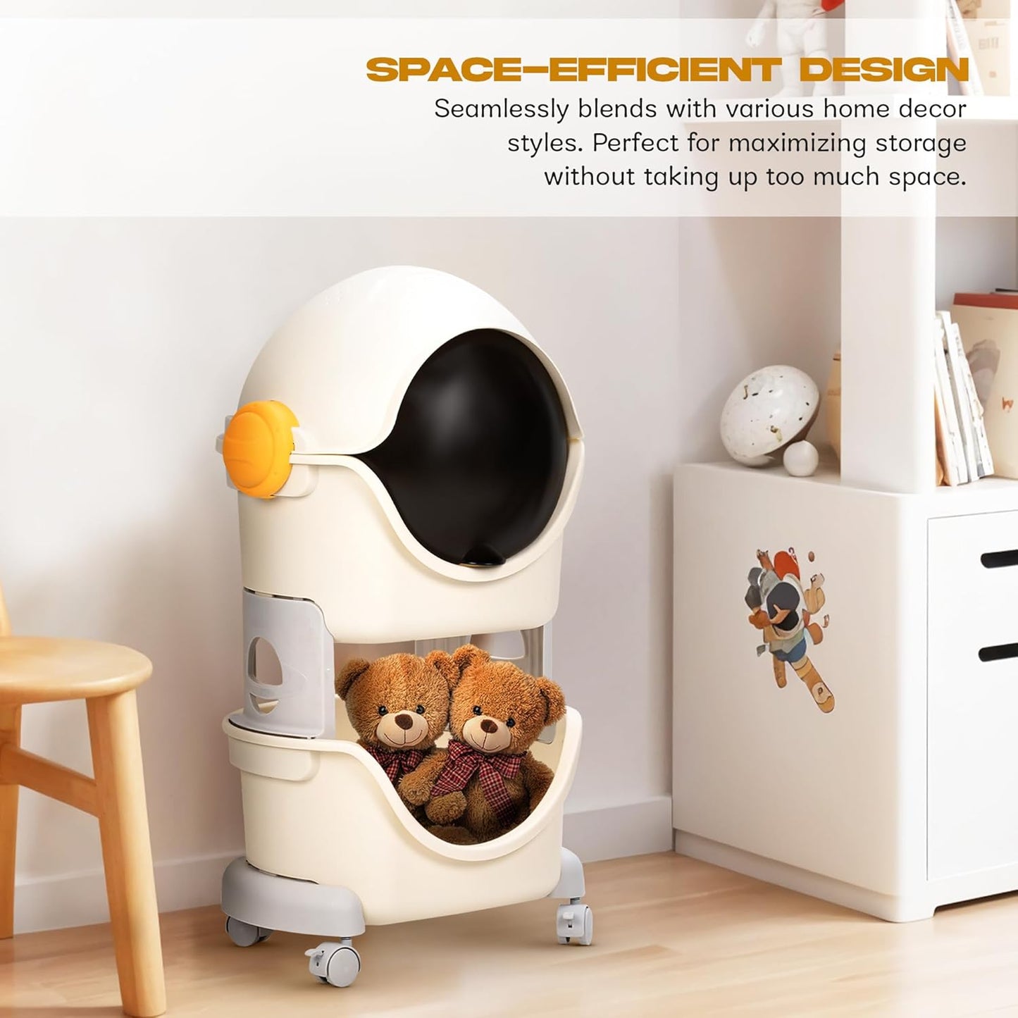 BAYBEE Astronaut Toy Storage Organizer for Kids | 2-Level Detachable Rolling Cart with Center-Locking Wheels | Bookshelf Rack with Dust-Proof Flip Door BAYBEE