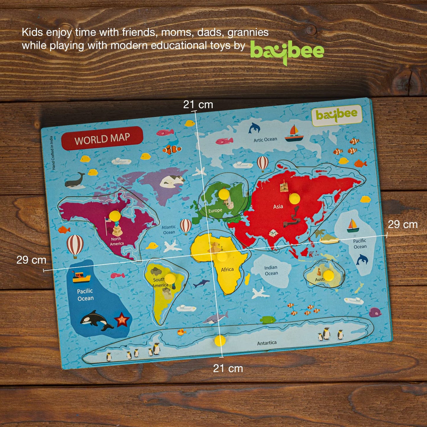 Baybee World Map Continents and Ocean Theme Wooden Puzzle for Kids with Pegs BAYBEE