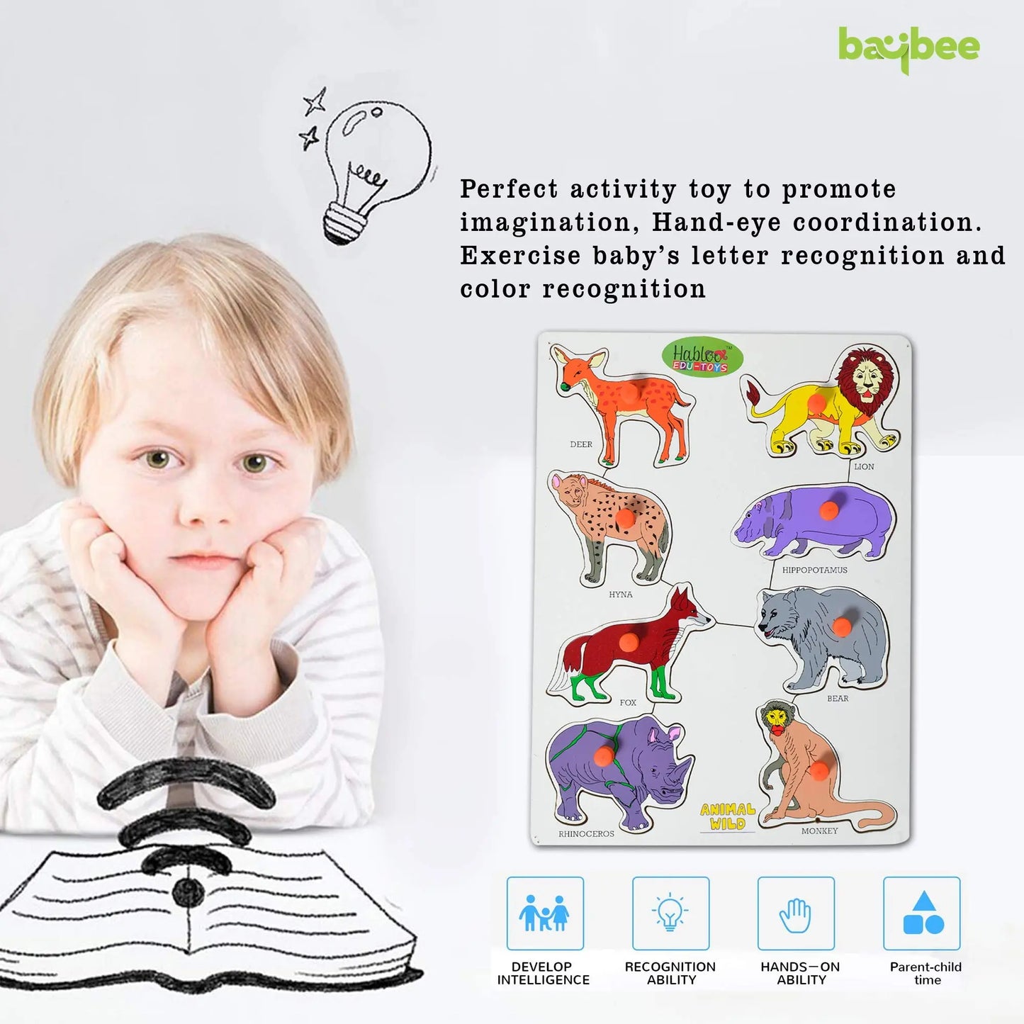Baybee Wooden Wild Animals Puzzle Games for Kids Toys with Knob BAYBEE
