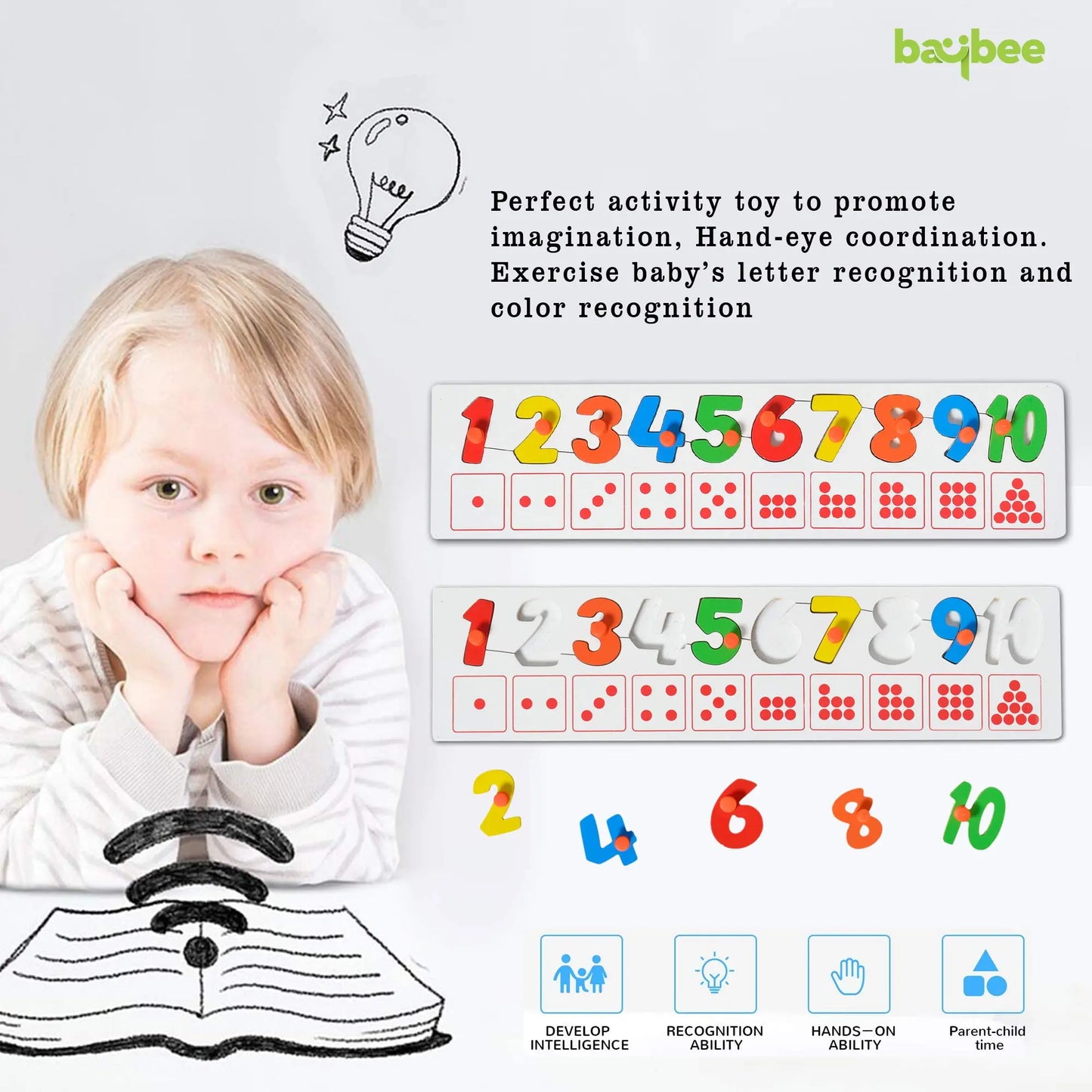 Baybee wooden number Puzzle with 1-10 Count match and colour learning educational board for kids BAYBEE