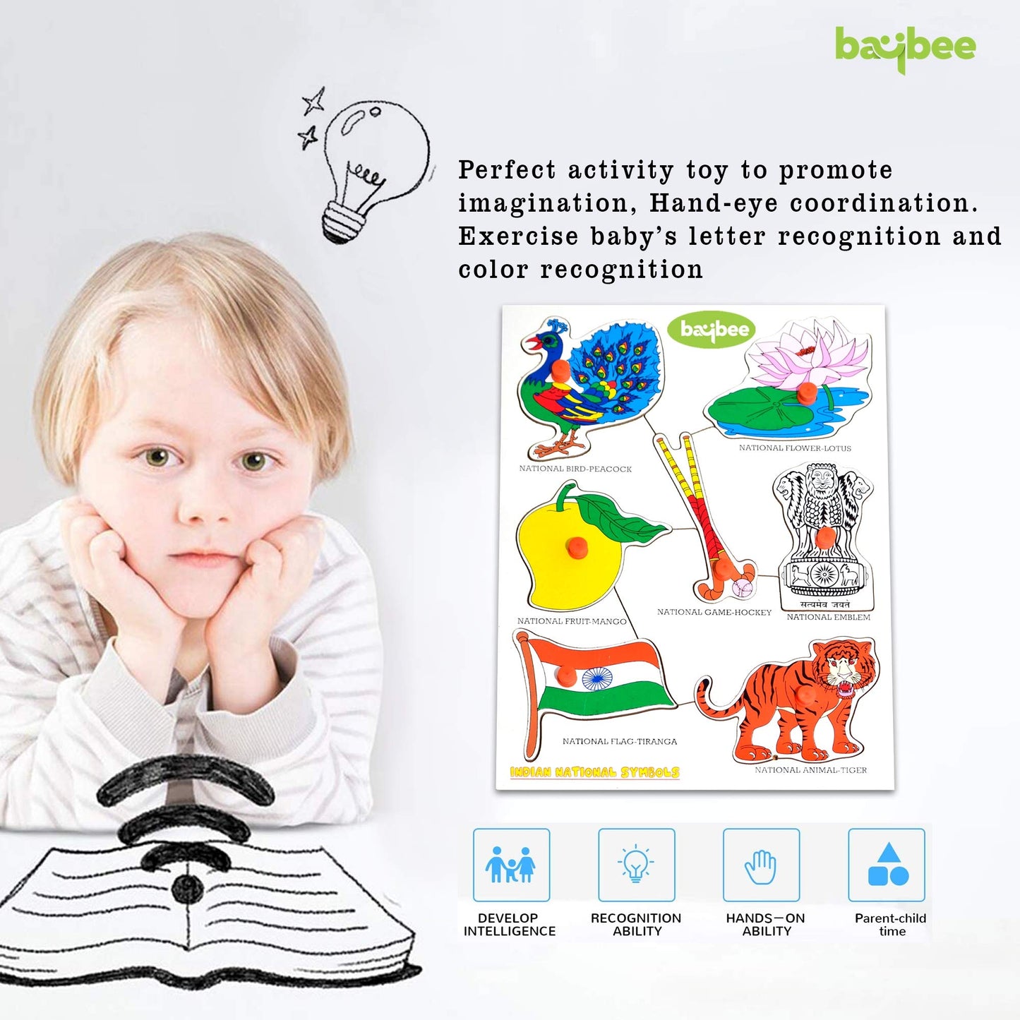 Baybee Wooden National Symbols with Picture and Learning Educational Board for Kids with Knob BAYBEE