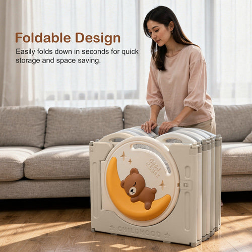 Baybee 2-in-1 Moon Foldable Baby Playpen with Glowing Light & Basketball Set | Safety Lock Play Yard for 0-5 Years Baybee India