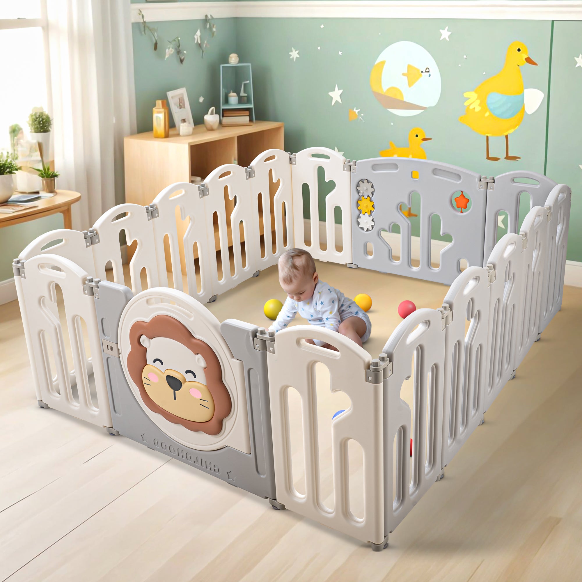 Baybee Lion Foldable Baby Playpen with Safety Lock & Double Knob | Indoor/Outdoor Play Yard for 0-5 Years