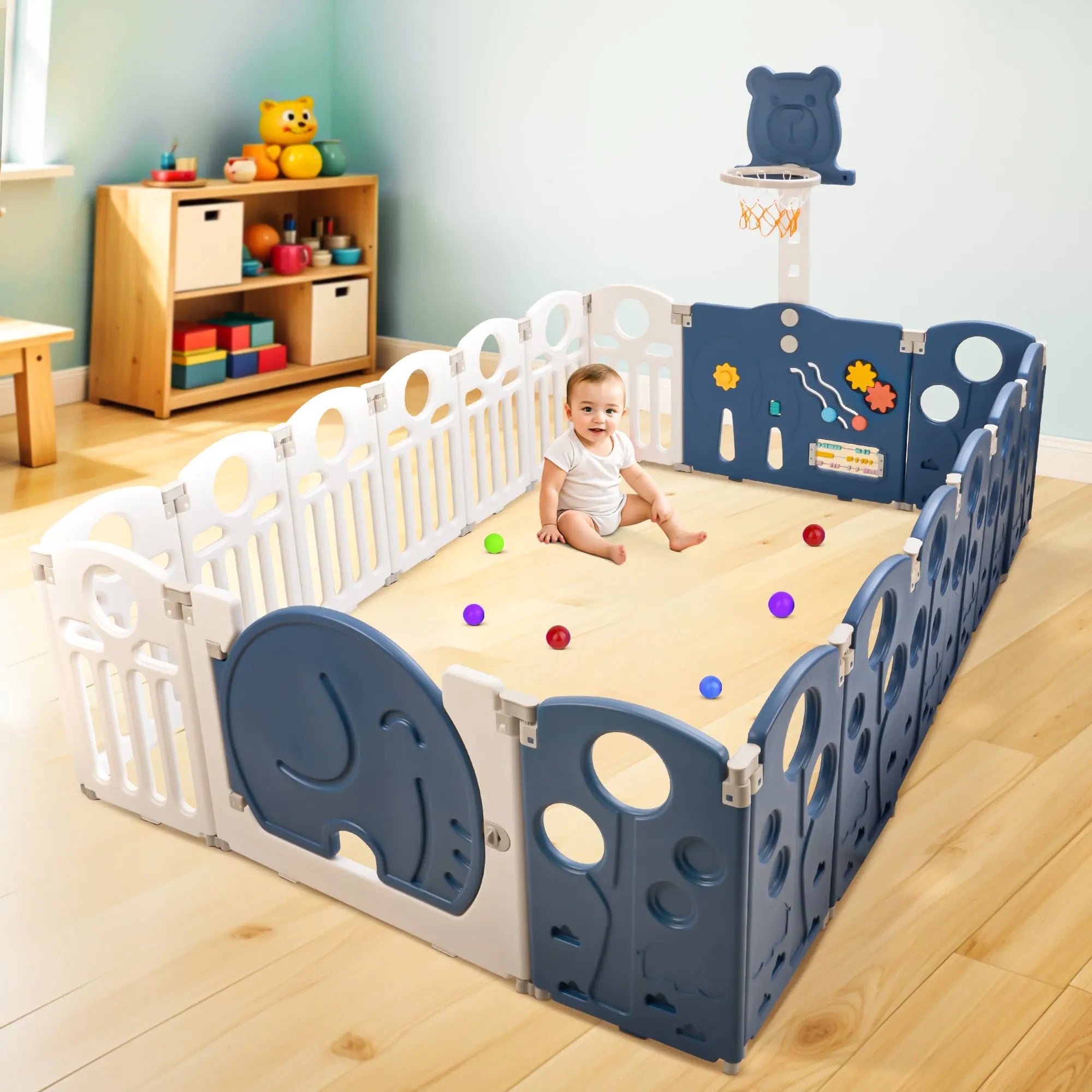 Baybee 2-in-1 Foldable Kids Playpen (18 Panel)with Basketball Set & Sensory Toys Baby Play Yard with Safety Lock for 0-5 Years