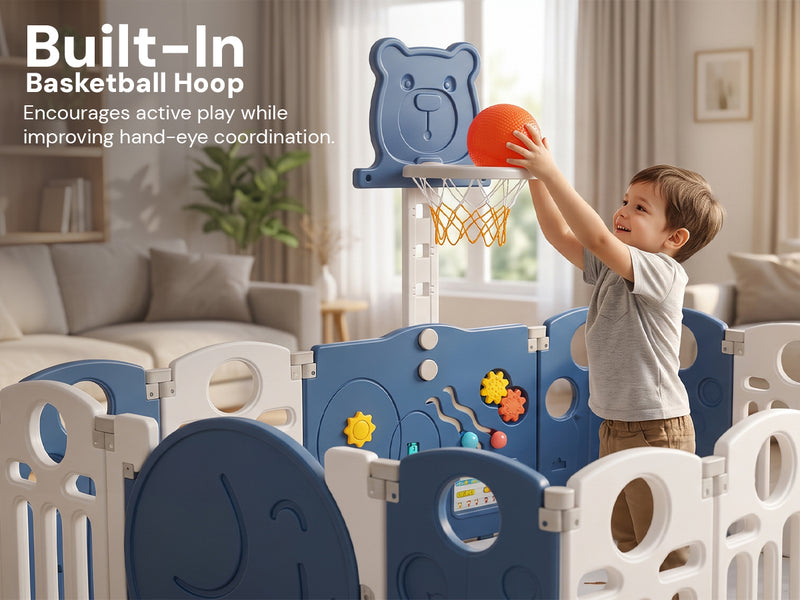 Baybee 2-in-1 Foldable Kids Playpen (18 Panel)with Basketball Set & Sensory Toys — slide 1