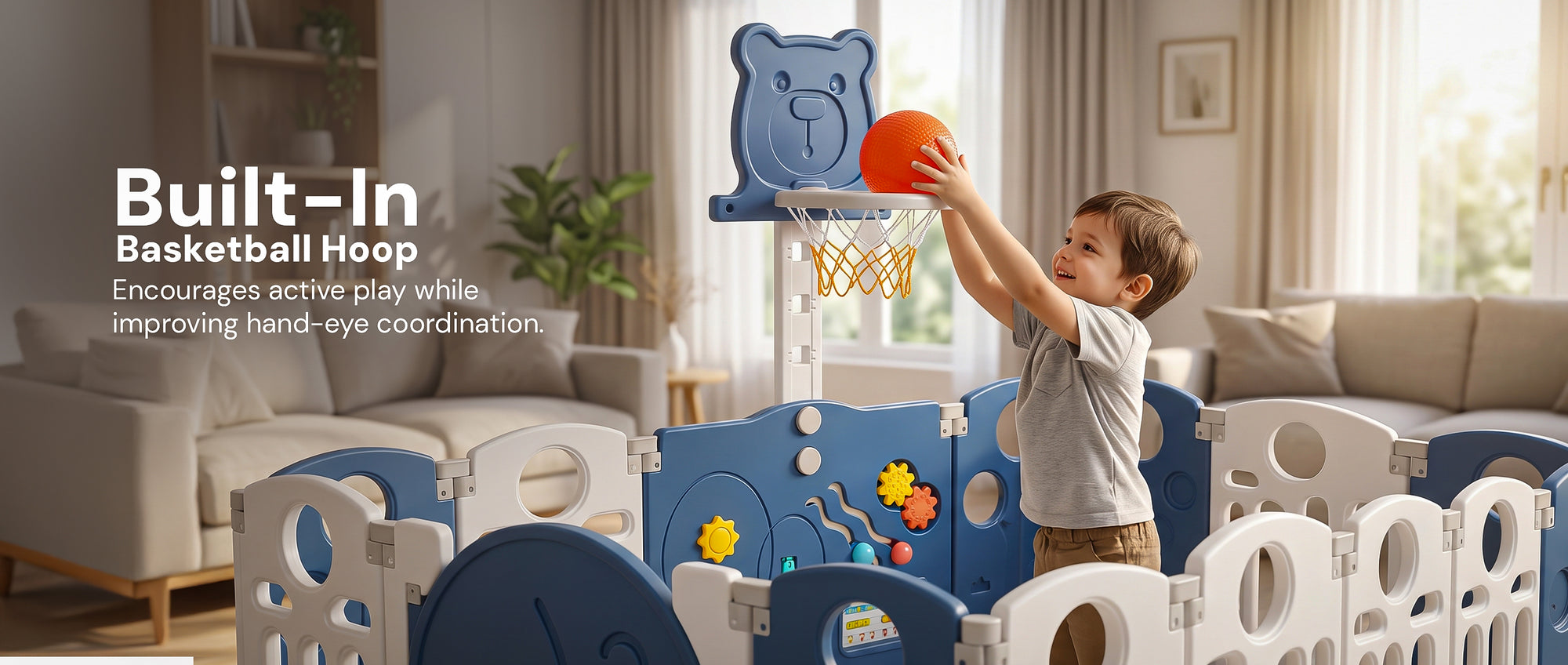 Baybee 2-in-1 Foldable Kids Playpen (18 Panel)with Basketball Set & Sensory Toys — slide 1