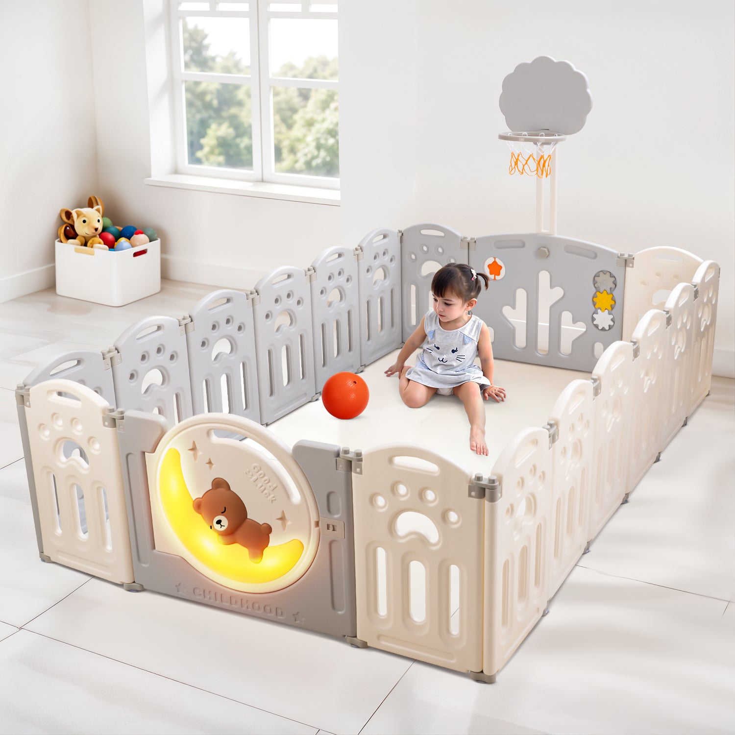 Baybee 2-in-1 Moon Foldable Baby Playpen with Glowing Light & Basketball Set | Safety Lock Play Yard for 0-5 Years