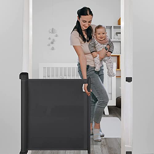 Baybee Retractable Mesh Baby Safety Gate for Kids, Baby Fence Barrier Pet Gate Expandable Upto 140Cm (Black)