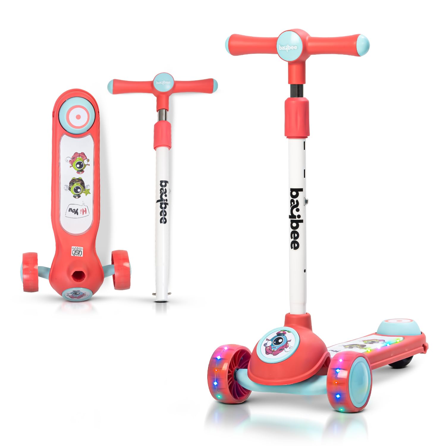 Baybee Rolo Kick Scooter for Kids, 3 Wheel Kids Scooter with 3 Height Adjustable Handle, Music & Rear Brake, Skate Scooter with PU LED Wheels, Runner Scooter for Kids