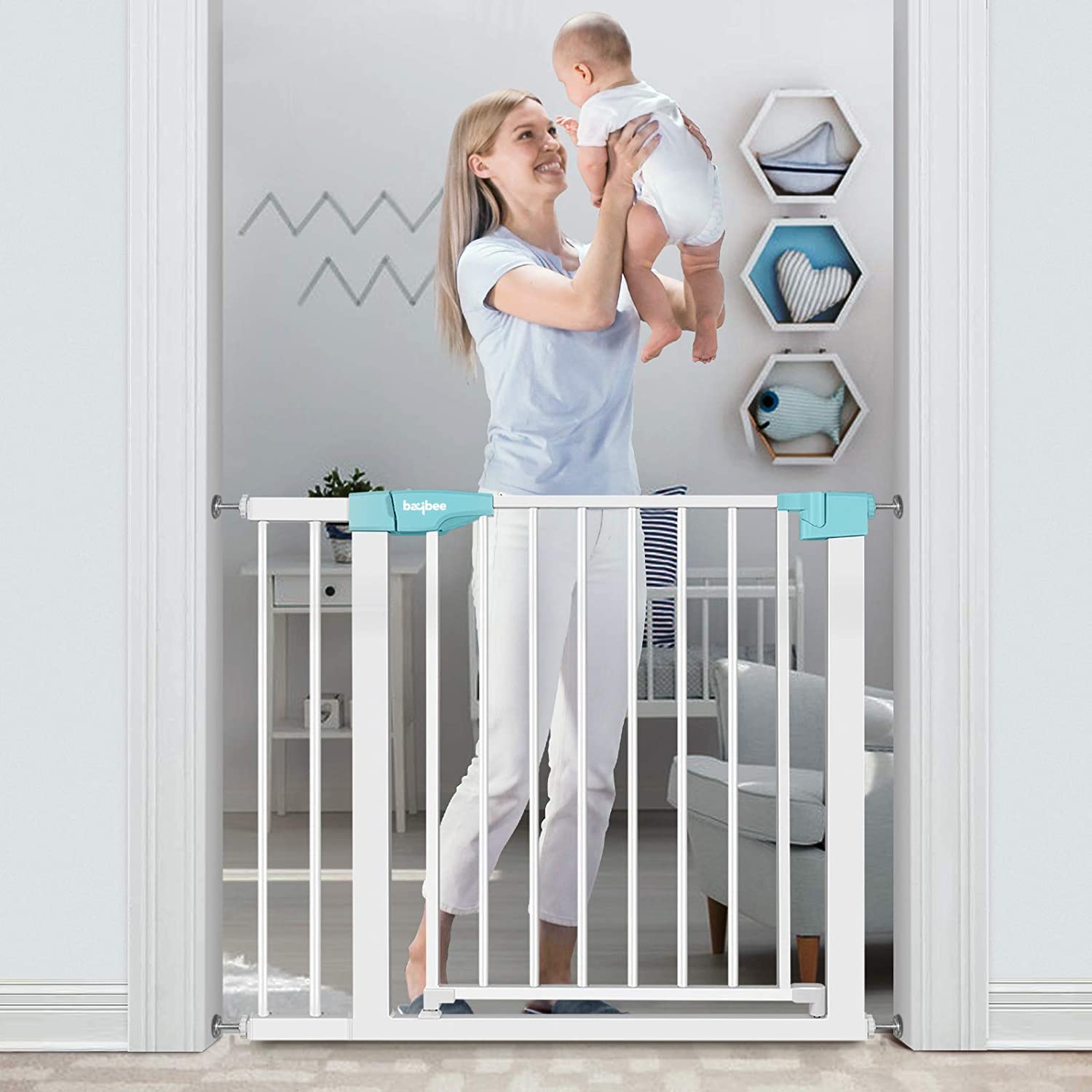 Baybee Auto Close Baby Safety Gate with Easy Walk-Thru Child Gate for House, Stairs, Doorways (Green 75-85Cm)