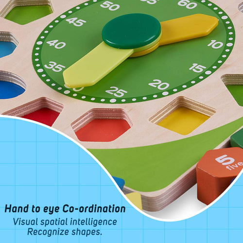 Baybee Wooden Clock to Learn Time, Shape & Color, Number and Shape Learning Educational Board for Kids BAYBEE