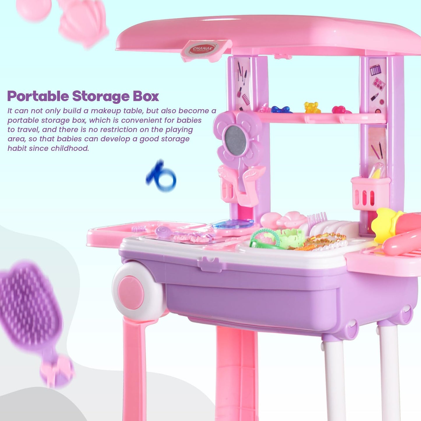 Pretend Play Fashion 3 in 1 Beauty Makeup Kit with Dressing Table Set Toys for Kids Girls
