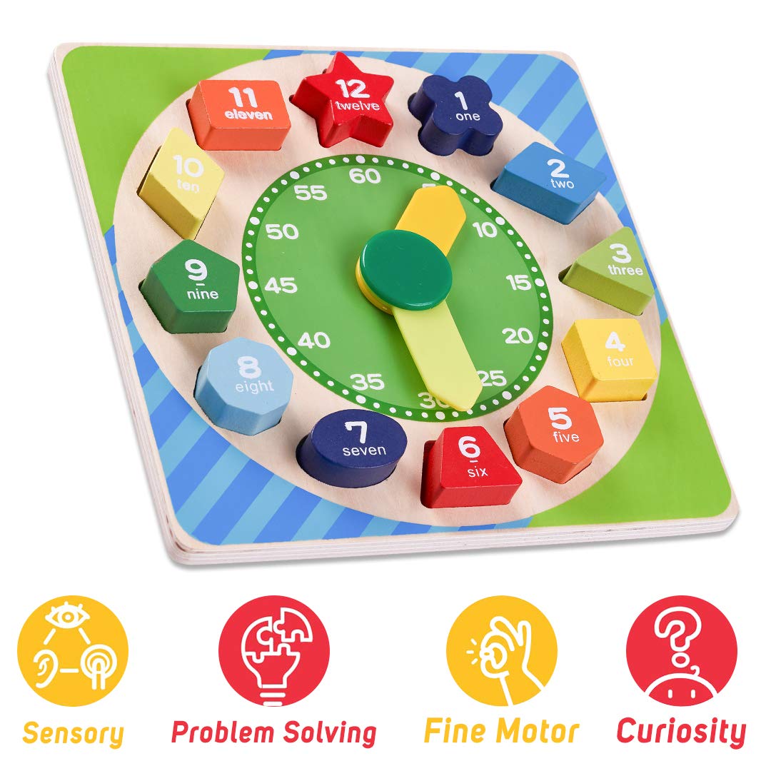 Baybee Wooden Clock to Learn Time, Shape & Color, Number and Shape Learning Educational Board for Kids