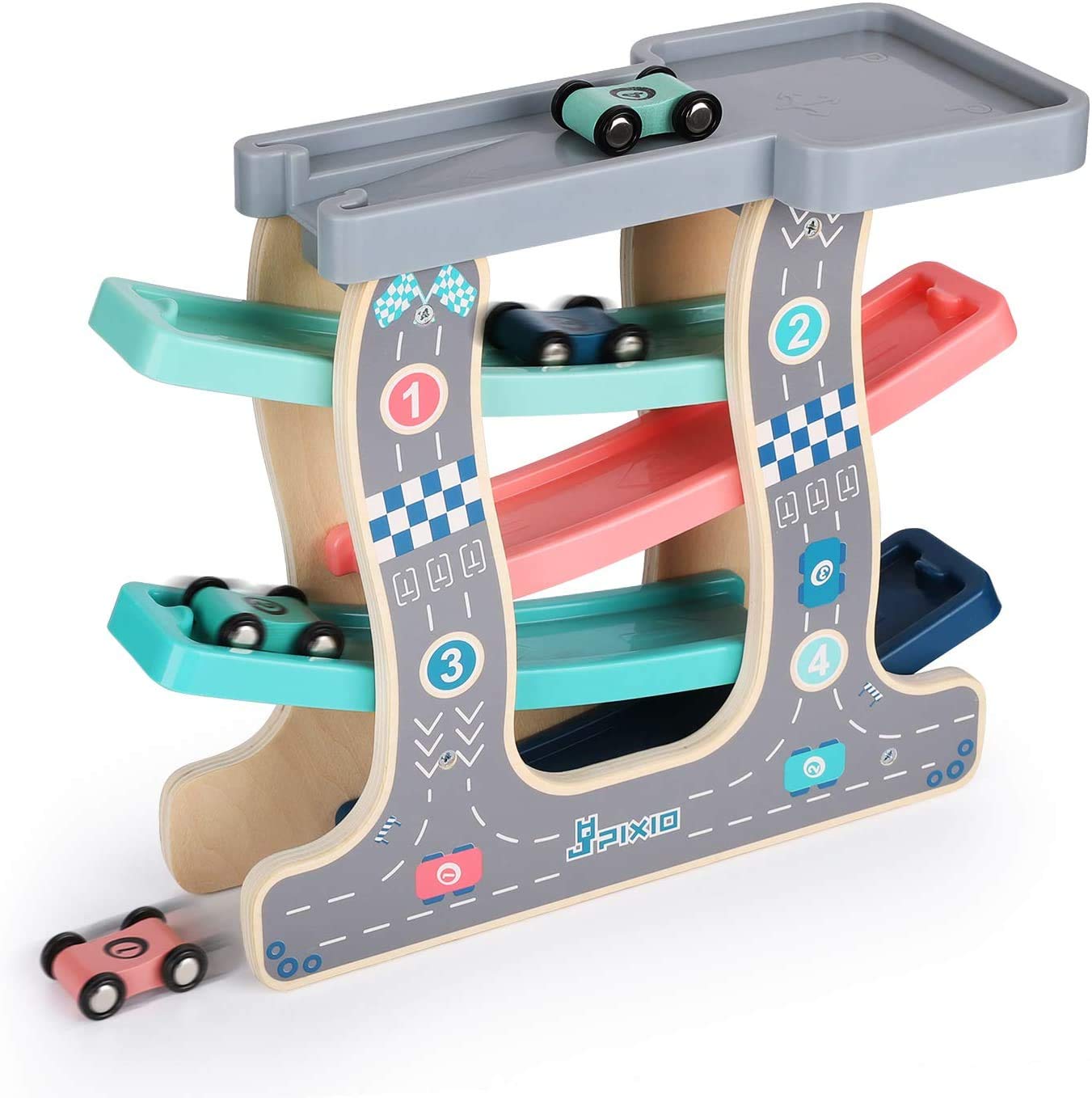 Baybee Wooden Gliding Car for Kids, Baby Toy Car Games, Kids Toys Set with 4 Race Track and Parking Slot