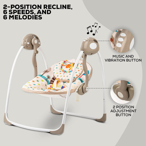 Baybee Amea Automatic Electric Baby Swing Cradle with 2 Position Recline, 6 Speed, Remote Control & 3 Point Safety Belt - Beige BAYBEE