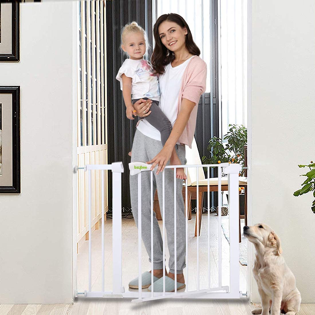 Baybee Auto Close Baby Safety Gate with Easy Walk-Thru Child Gate for House, Stairs, Doorways (White 75-85+10cm)