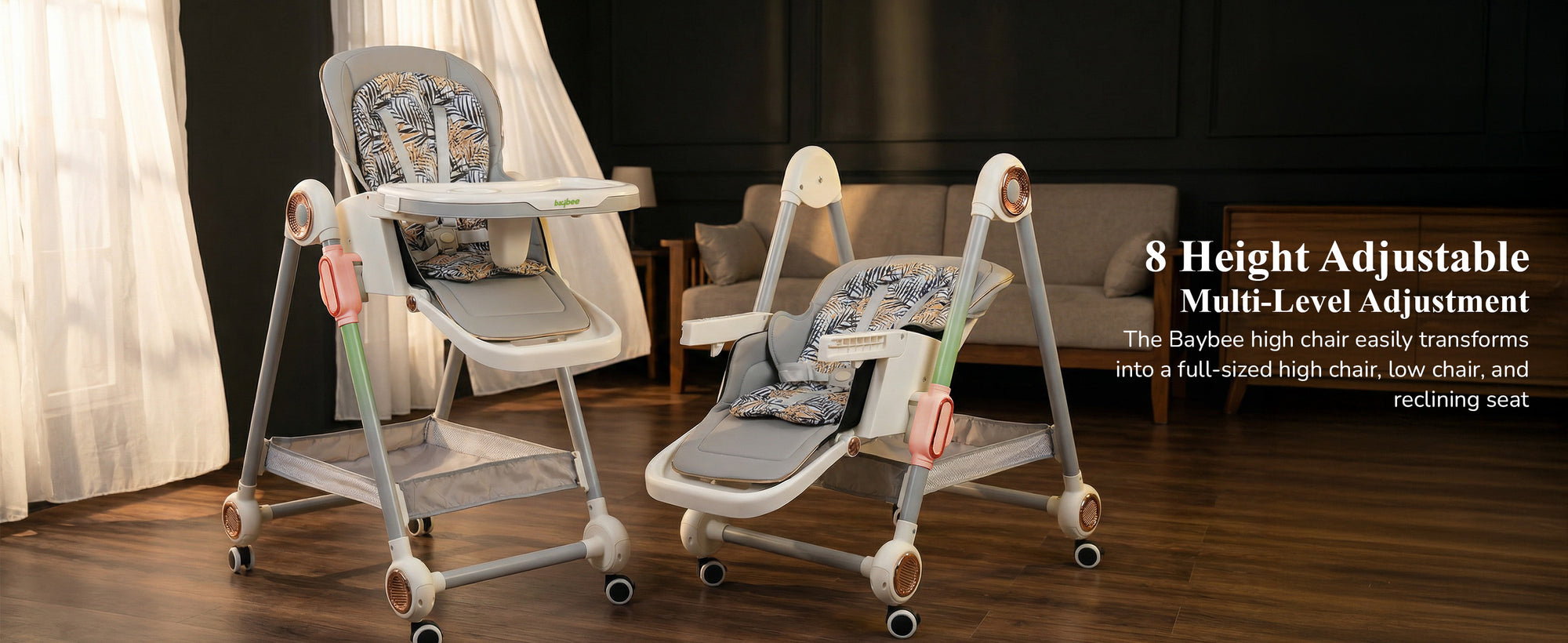 Baybee 3-in-1 Baby High Chair with Removable Double Food Tray, Reclining Seat — slide 2