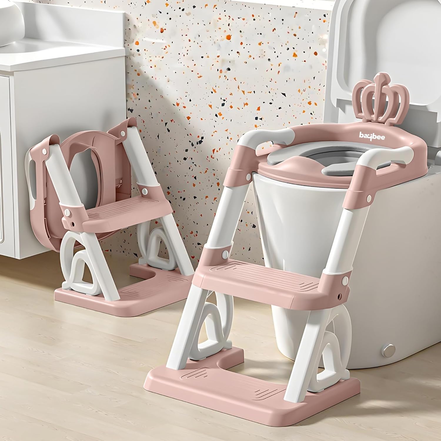 Baybee Crown Western Toilet Potty Seat for Kids, Baby Potty Training Seat Chair with Ladder, Adjustable Step Height, Cushion Seat