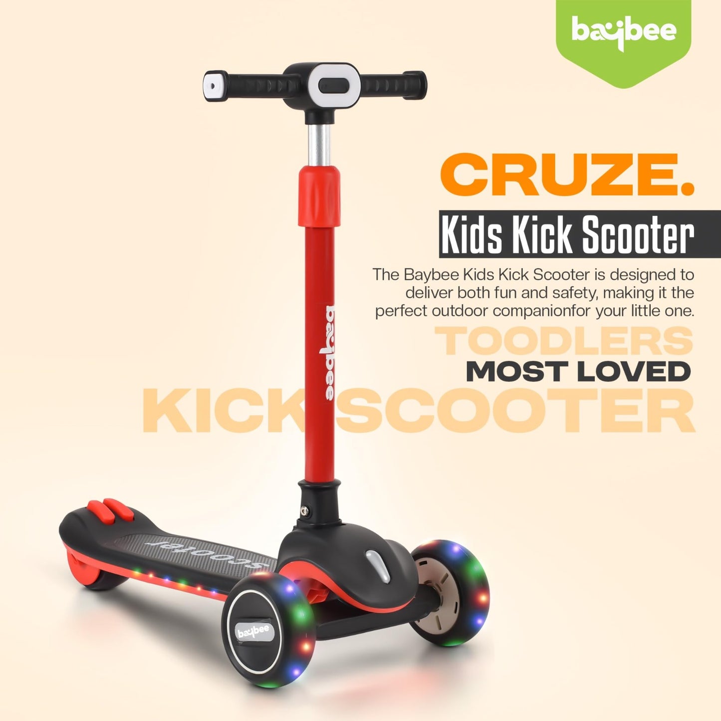 Baybee Cruze Pro Kick Scooter for Kids | Foldable Kids Scooter with 3 Height Adjustable Handle & Brake | Skate Scooter with Lights & Music | Runner Scooter for Kids 2 to 8 Years Boys Girls