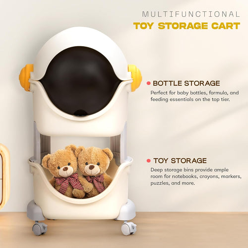 BAYBEE Astronaut Toy Storage Organizer for Kids | 2-Level Detachable Rolling Cart with Center-Locking Wheels | Bookshelf  Rack with Dust-Proof Flip Door BAYBEE