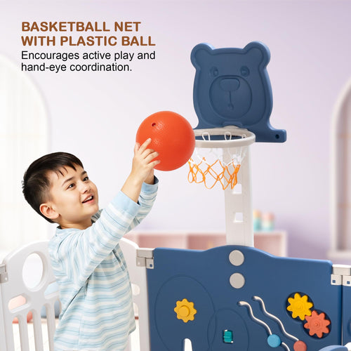 Baybee 2-in-1 Foldable Kids Playpen with Basketball Set & Sensory Toys Baby Play Yard with Safety Lock for 0-5 Years (18 Panel) Baybee India