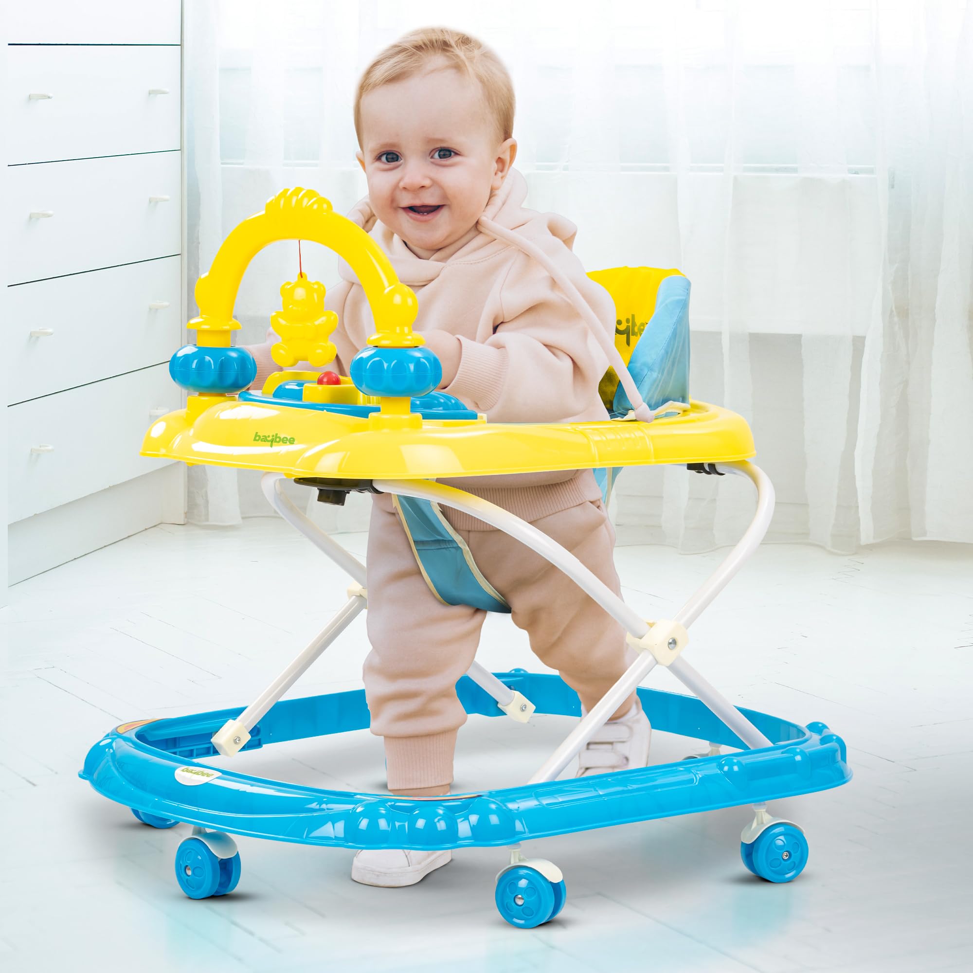 Baybee Blessy Baby Walker for Kids | Foldable Round Kids Walker with 3 Height Adjustable & Musical Toy Tray | Portable Baby Standing Walker | Activity Walker for Babies 6-18 Months Boys Girls