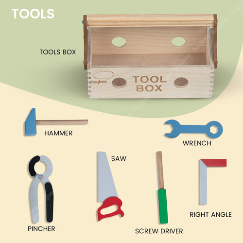Baybee Wooden Toy Tool Kit Set for Kids | Mechanical Construction Toy Set DIY Educational Play Set | Carpenter Pretend Play Large Tool Kit for Kids | 6 Wooden Tools with Box Set for 3+ Years Baybee India