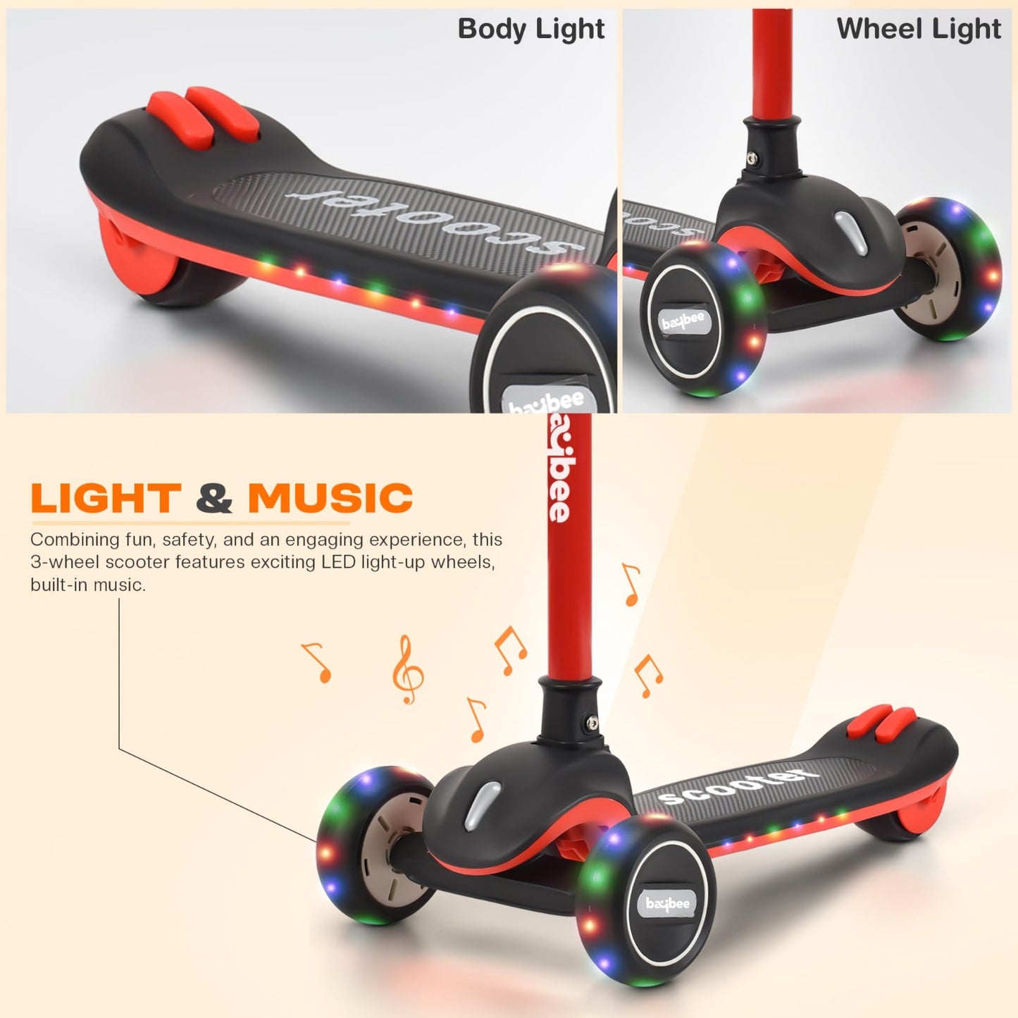 Baybee Cruze Pro Kick Scooter for Kids | Foldable Kids Scooter with 3 Height Adjustable Handle & Brake | Skate Scooter with Lights & Music | Runner Scooter for Kids 2 to 8 Years Boys Girls