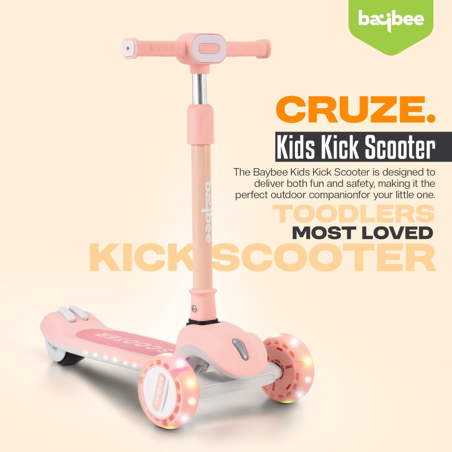 Baybee Cruze Pro Kick Scooter for Kids | Foldable Kids Scooter with 3 Height Adjustable Handle & Brake | Skate Scooter with Lights & Music | Runner Scooter for Kids 2 to 8 Years Boys Girls