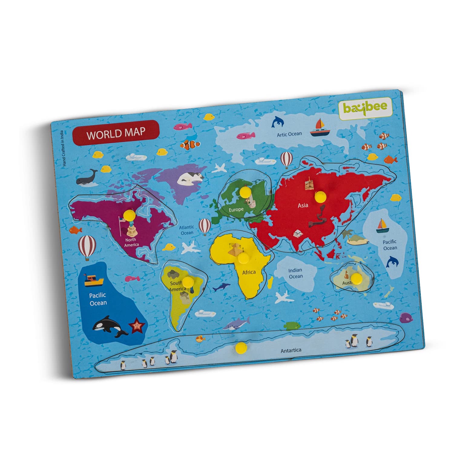 Baybee World Map Continents and Ocean Theme Wooden Puzzle for Kids with Pegs