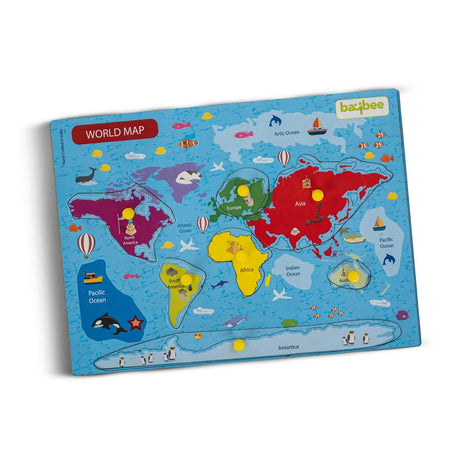 Baybee World Map Continents and Ocean Theme Wooden Puzzle for Kids with Pegs BAYBEE