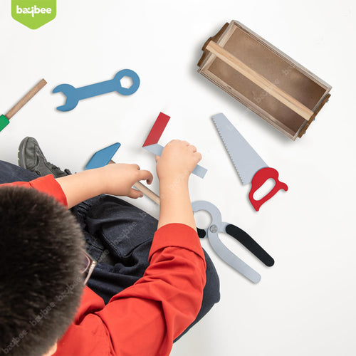 Baybee Wooden Toy Tool Kit Set for Kids | Mechanical Construction Toy Set DIY Educational Play Set | Carpenter Pretend Play Large Tool Kit for Kids | 6 Wooden Tools with Box Set for 3+ Years Baybee India
