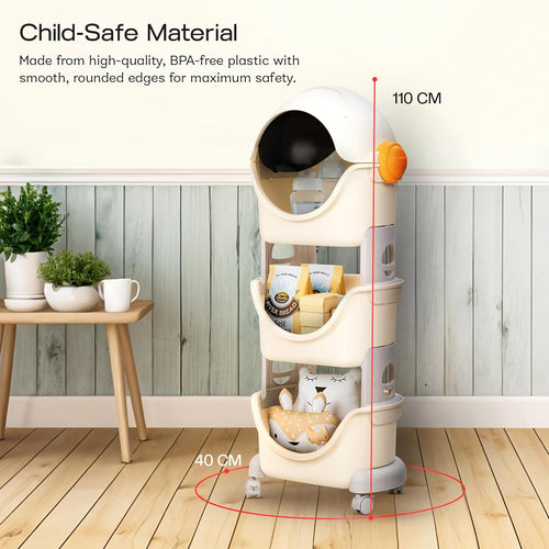 BAYBEE Astronaut Toy Storage Organizer for Kids | 3-Level Detachable Rolling Cart with Center-Locking Wheels | Bookshelf with Dust-Proof Flip Door BAYBEE