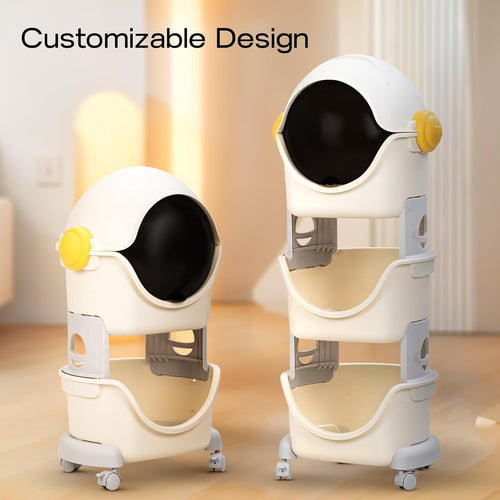 BAYBEE Astronaut Toy Storage Organizer for Kids | 3-Level Detachable Rolling Cart with Center-Locking Wheels | Bookshelf with Dust-Proof Flip Door BAYBEE