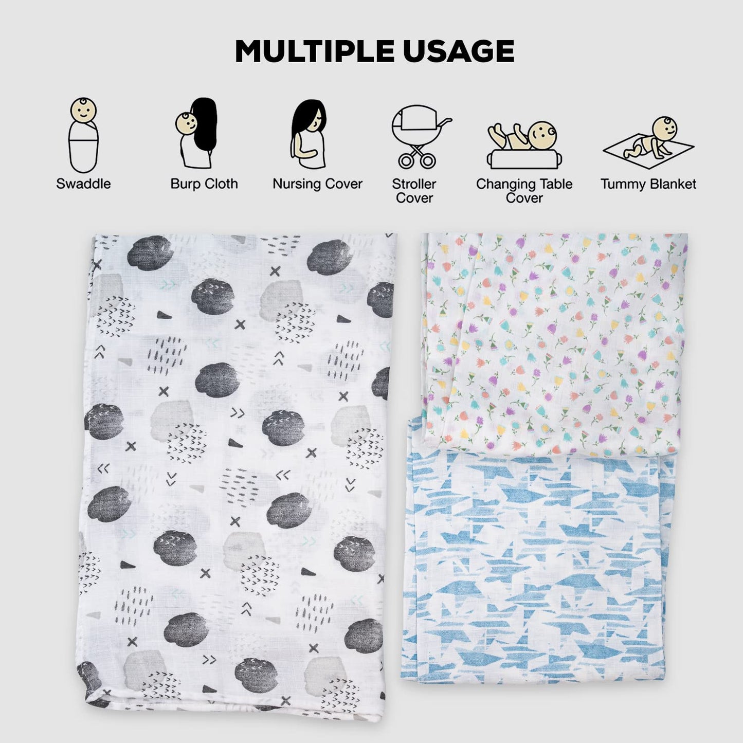 BAYBEE 100% Cotton Muslin Baby Swaddle Wrapper Blanket for New Born (Pack of 3)