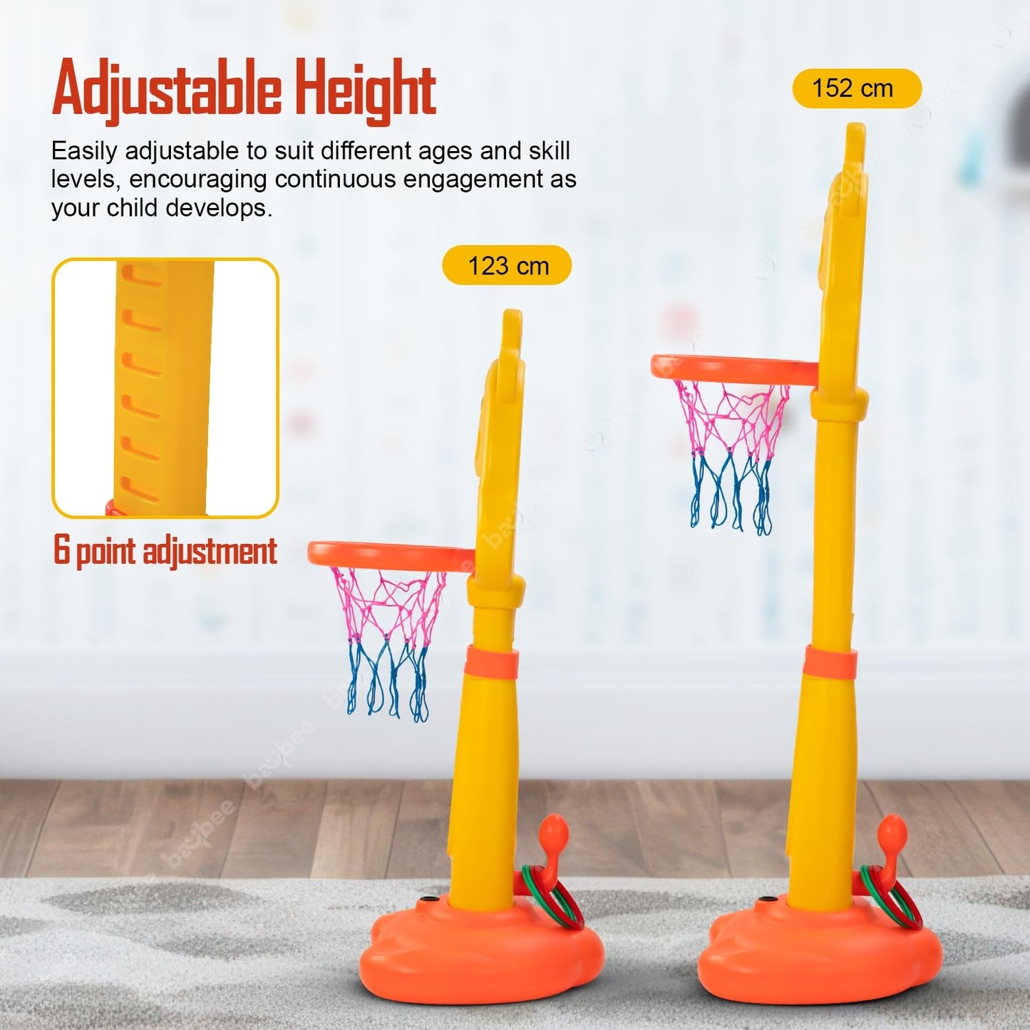 Baybee 4 in 1 Basketball for Kids with 6 Height Adjustable Stand, Basketball Hoop & Ring | Kids Basket Ball Set at Home | Preschool Kids Play Area Indoor & Outdoor for Kids Age 3+ Years