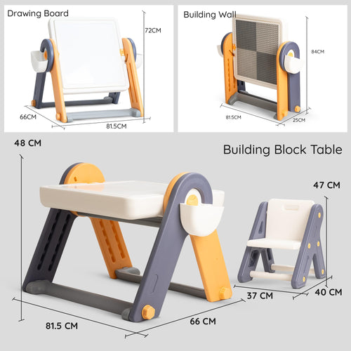 BAYBEE 6 in 1 Kids Study Table and Chair Set, Foldable, Anti Slip, Dual-Sided Tabletop, Easy to Store BAYBEE