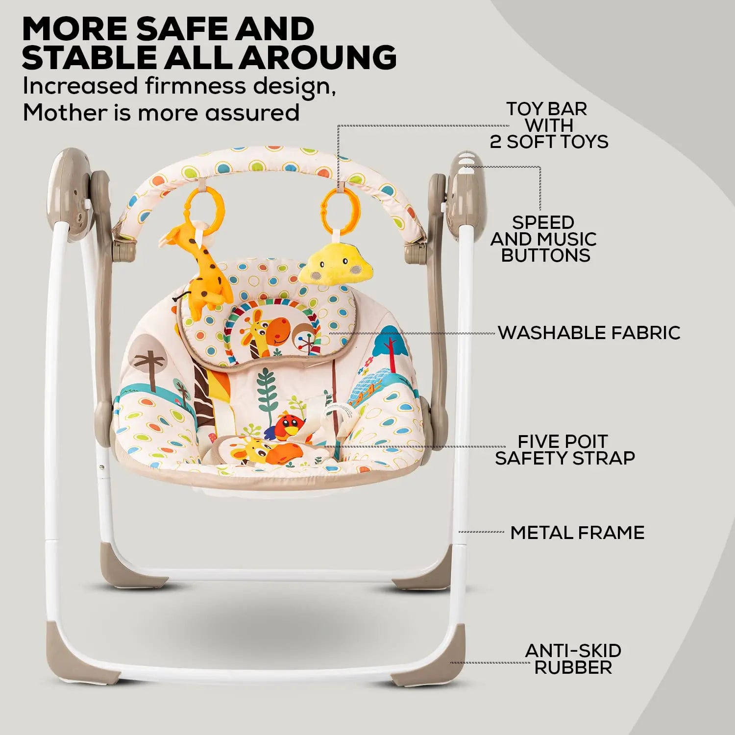 Baybee Amea Automatic Electric Baby Swing Cradle with 2 Position Recline, 6 Speed, Remote Control & 3 Point Safety Belt - Beige BAYBEE