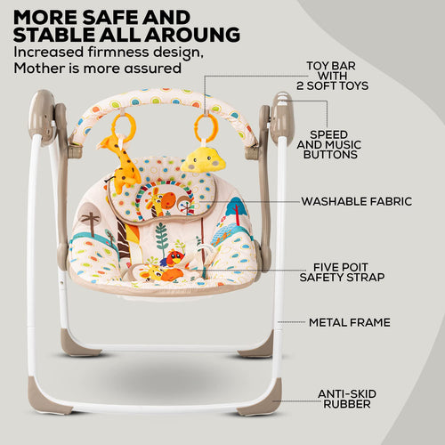 Baybee Amea Automatic Electric Baby Swing Cradle with 2 Position Recline, 6 Speed, Remote Control & 3 Point Safety Belt - Beige BAYBEE