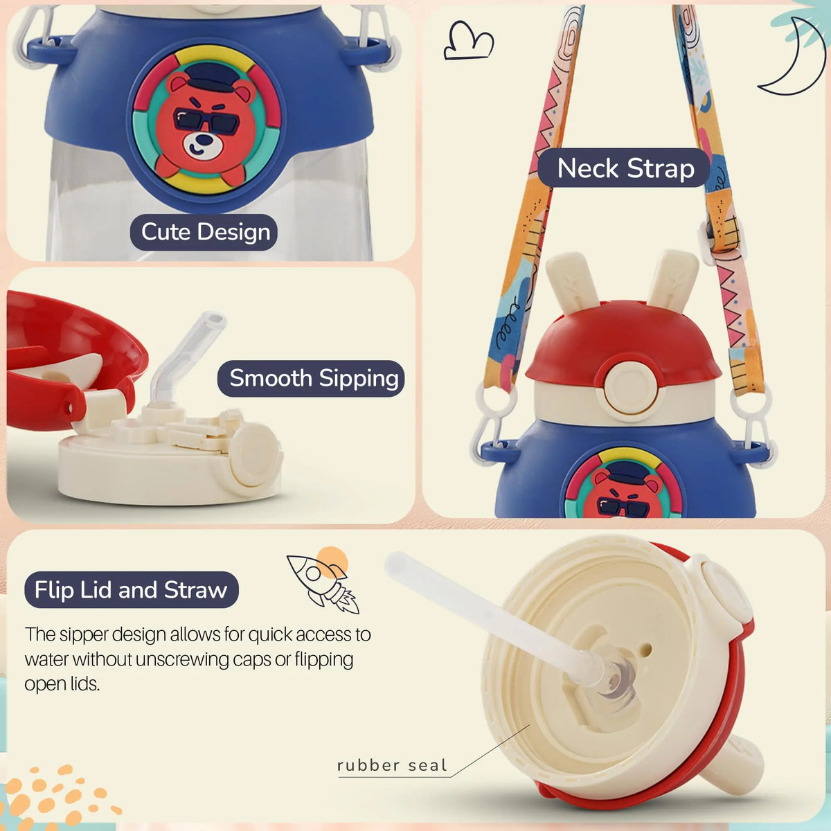 Baybee Bubbly Baby Sipper Water Bottle with Soft Silicone Straw and Adjustable Strap (670ml) BAYBEE