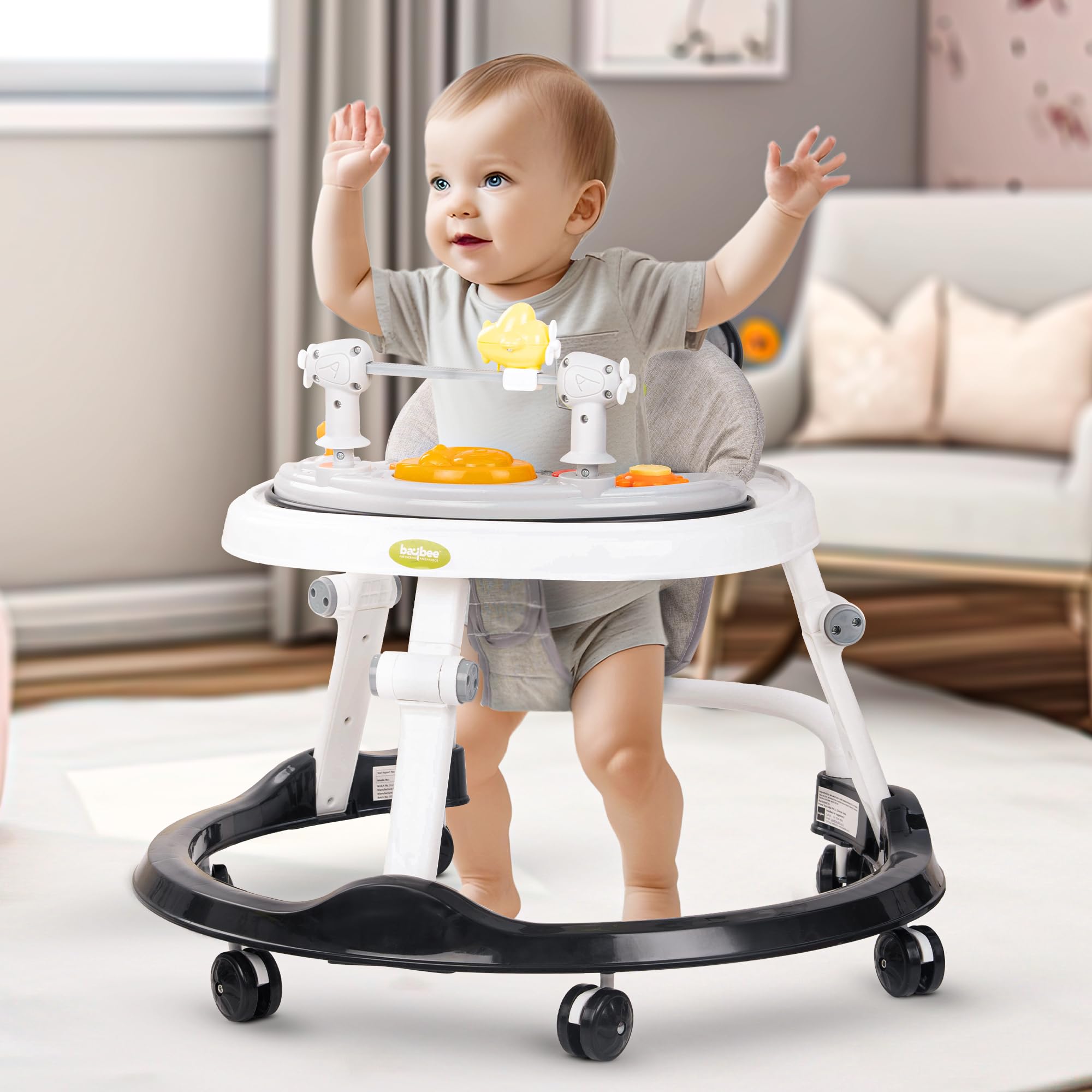 Baybee Windy 2 IN 1 Baby Walker for Kids, Foldable Round Kids Walker with 2 Height Adjustable | Activity Walker for Baby with Musical Toy Bar & Light