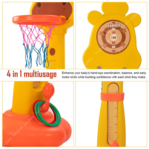 Baybee 4 in 1 Basketball for Kids with 6 Height Adjustable Stand, Basketball Hoop & Ring | Kids Basket Ball Set at Home | Preschool Kids Play Area Indoor & Outdoor for Kids Age 3+ Years BAYBEE