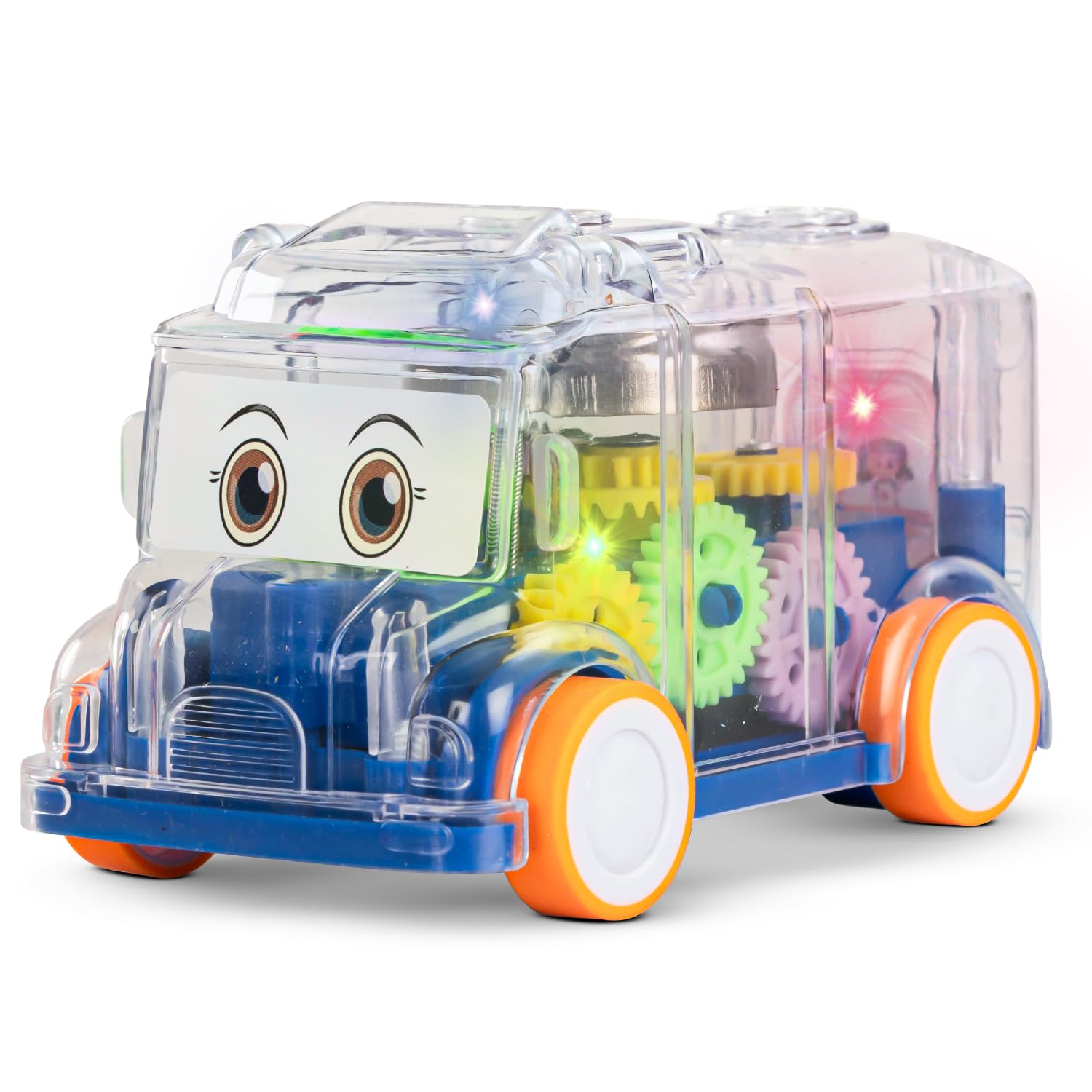 Baybee Transparent 360° Gear Rotating Mini Bus Vehicle Toys for Kids with Colourful Led Light & Sound Toy for Toddlers | Gear Friction Birthday Gift Toy for Kids 1-10 Years Boys & Girls