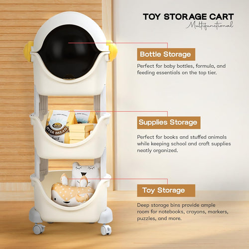 BAYBEE Astronaut Toy Storage Organizer for Kids | 3-Level Detachable Rolling Cart with Center-Locking Wheels | Bookshelf with Dust-Proof Flip Door BAYBEE